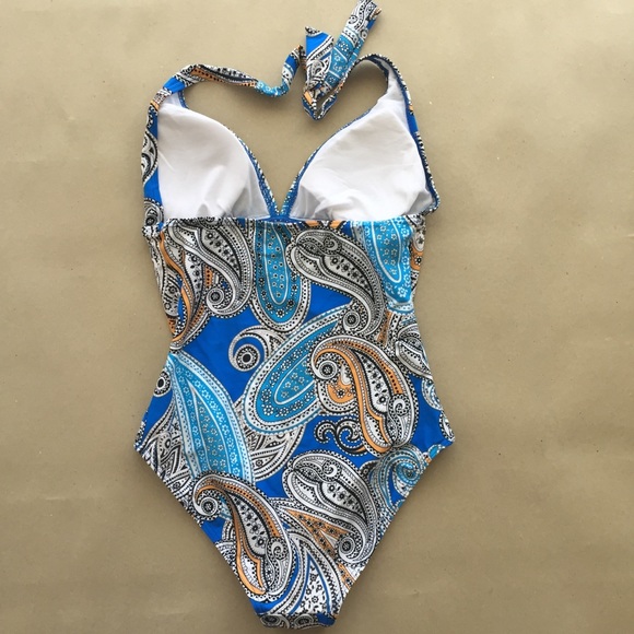 One Piece Swimsuit Halter Blue Paisley Sz 10 - Picture 4 of 8